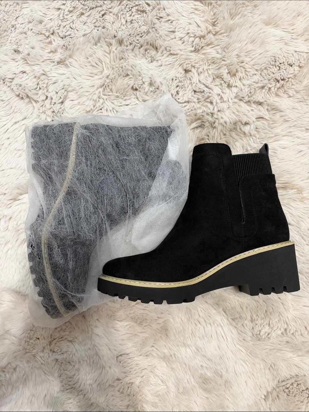 Black Suede Chelsea Lug Ankle Boot with Tan Trim